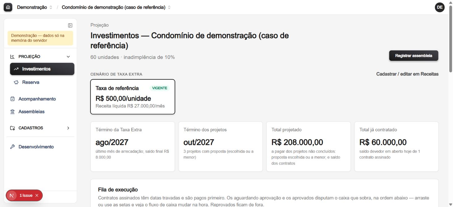 Tela demonstrativa do Gestor Obra com cenário e indicadores de investimentos